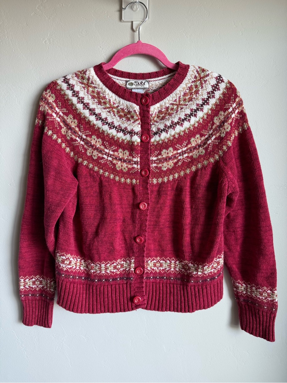 Vintage Fair Isle Red Cardigan Sweater- Cottagecore, Grandmacore, Nordic style